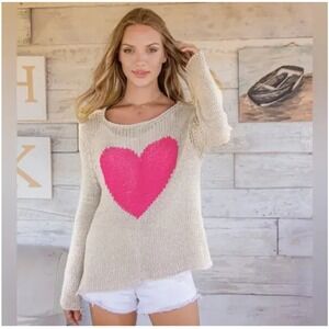 Wooden Ships Heart Knit Sweater Long Sleeve Relaxed Fit Pullover Size X/S